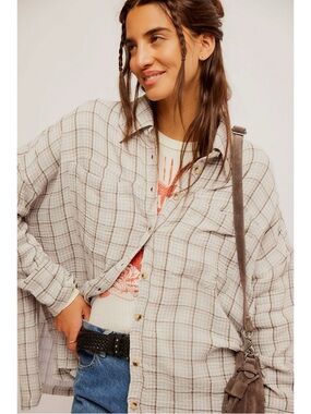 Free People Oversized Bohemian Grunge 90s Fall Cardiff Plaid Top Shirt Large